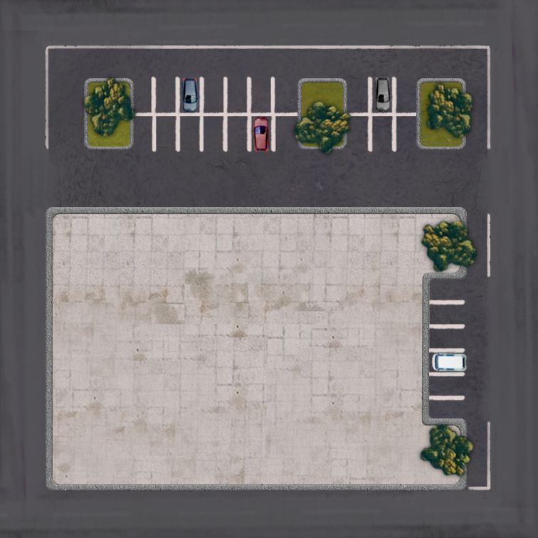 Top-down illustrated view of a parking lot building footprint. There are three islands and 20 parking spots in two rows in the top of the image. There are three cars, widely spaced, parked in spots. On the right of the image are 3 more parking spots. The building footprint has a faint grid, and light brown stains and texture.