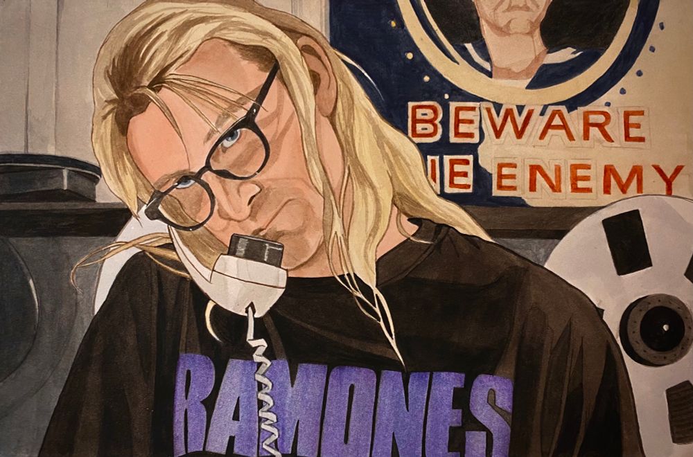 A watercolour of Langly from The X-Files. He is using the telephone and wearing a Ramones T-Shirt.