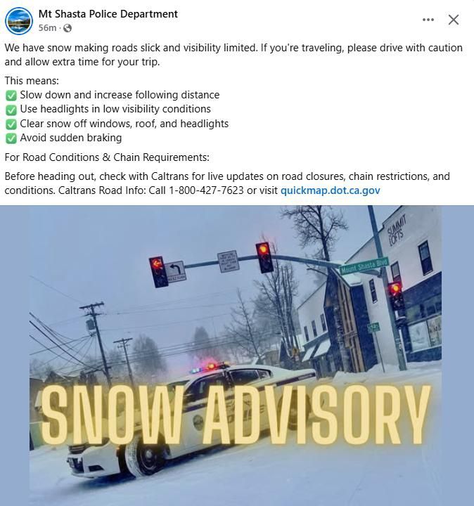 A Facebook post from Mt Shasta PD announcing a snow advisory 