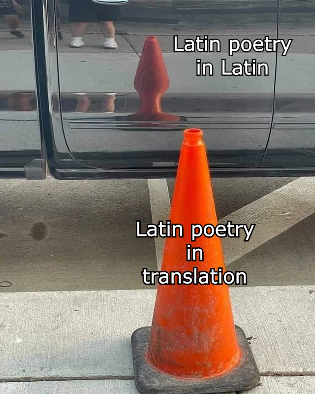 Picture of traffic cone being reflected onto car surface. Latin cone is labeled “Latin poetry in translation.” The reflection, warped to look suspiciously similar to an anal plug, is labeled “Latin poetry in Latin.”