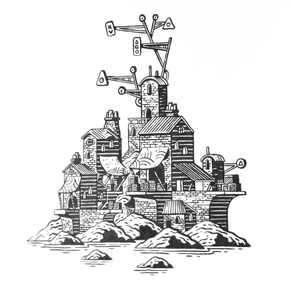 A rocky island with brick buildings and wide balconies covered in boxes and crates of goods, with signal towers