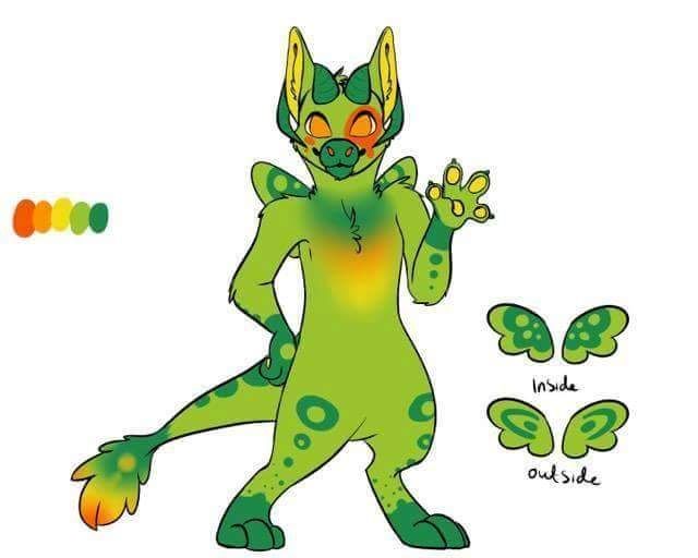 A green orange and yellow Dutch angel dragon with curling horns. Based on conures