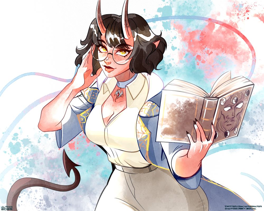 Tiefling woman with peach-brown freckled skin, a poofy black bob cut, black demon horns, and yellow cat-like eyes adjusts her glasses while looking at the viewer. She wears blue choker with a dragon pendant, a white dress shirt and khakis, while wearing a blue and gold-trimmed mage robe upon herself while holding her spellbook with the phases of the moon and a man's face on the book's cover.