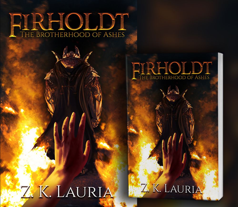 Photos of the book with a knight standing amidst the flames on the cover.