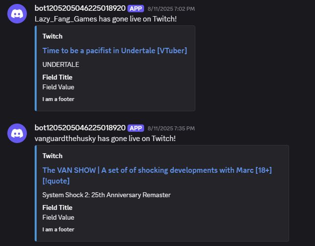 Screen shots of Discord messages sent by a test Discord bot for when user go live on Twitch