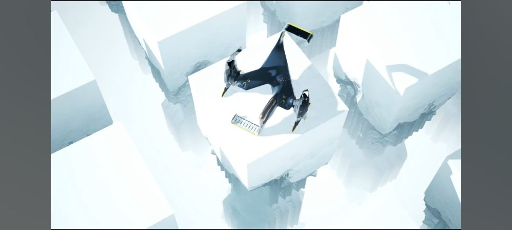 A top down view of the descent craft showing its unusual shape with the wings making a 90degrees forward swept V, the thrusters pointed down and used as landing gears. The cockpit and front stabilizer are to the left side of the ship, fixed to the end of the wing near the thrusters. The tail with it's stabilizer is on the right side, closer to the center and it narrows down in a 45degree tapper from the center to the right side.
The ship is landed on a white square platform with no markings, other similar platforms are visible in a repeating grid. Each platform is separated from the next by a deep void filled with white fog.