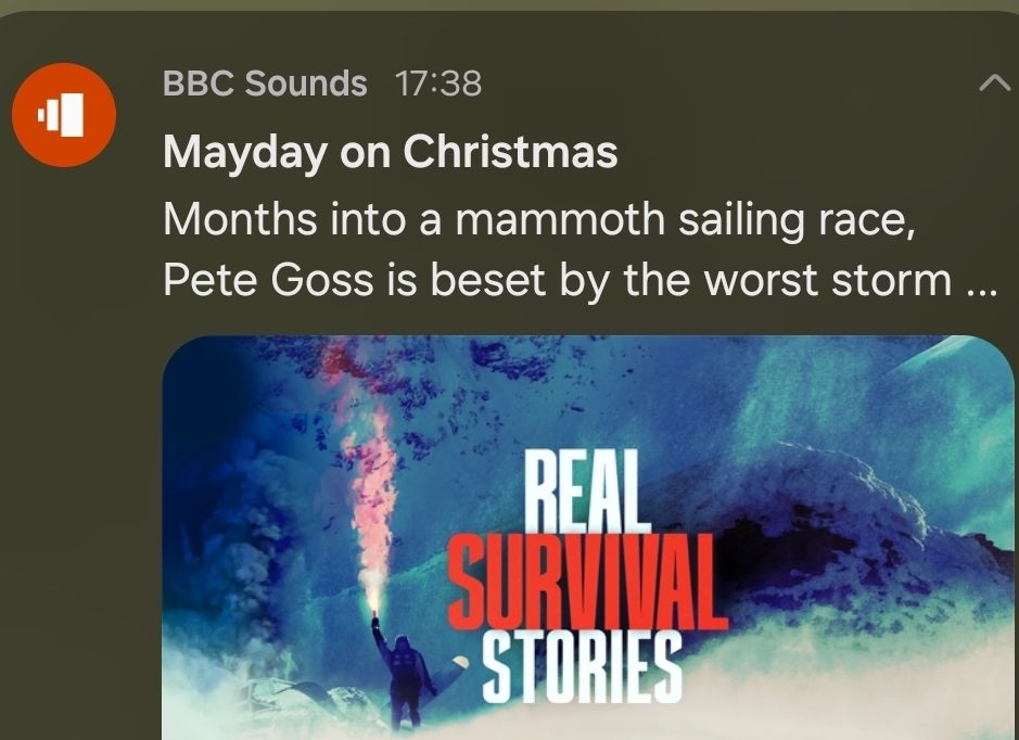 A BBC Sounds push notification that describes a 'mammoth' (as in size) sailing race. 