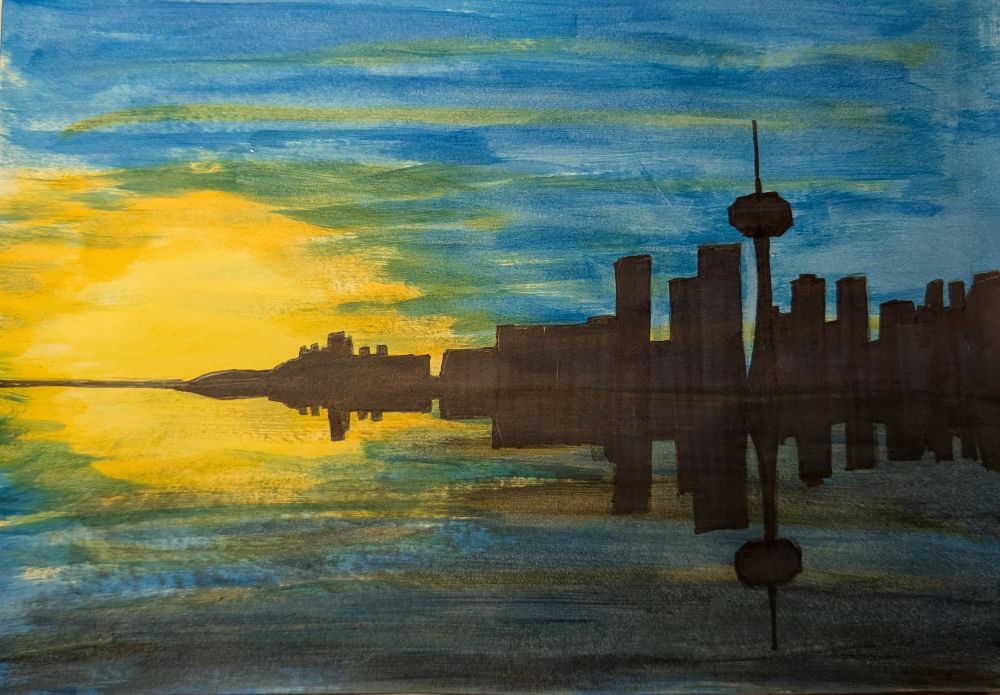 A painting of Toronto. It is a silhouette of the city. The sunset is bright yellow and the sky is blue.