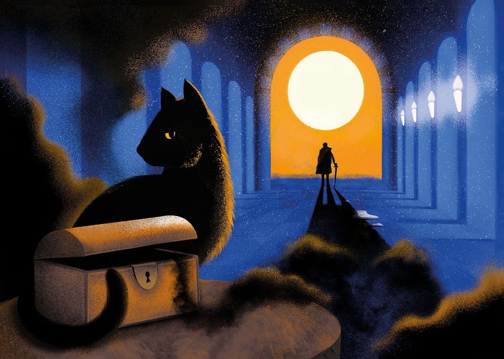 Franka Tretinjak's art for "Darkness Box" has, in the foreground, a cat with its head turned to eye the viewer. The cat has its tail wrapped around a trunk that is open just slightly, and billowing dark clouds surround both cat and trunk. In the background, a figure stands in a hallway painted in shades of blue, with an orange doorway and a bright sun at the end.