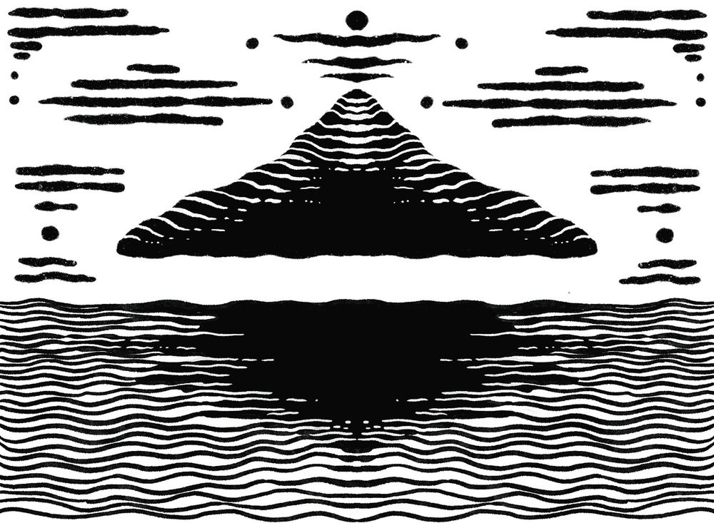 Melisa Gračić's art for "Things" is all in black ink on a white background, and shows a stylized mountain floating above a body of water, with the mountain's shadow on the water. 
