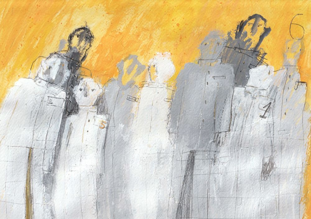Laura Martinović's art for "Nine Lives" depicts nine somewhat abstract figures, all in shades of gray and white, standing close together against an orange-yellow background

