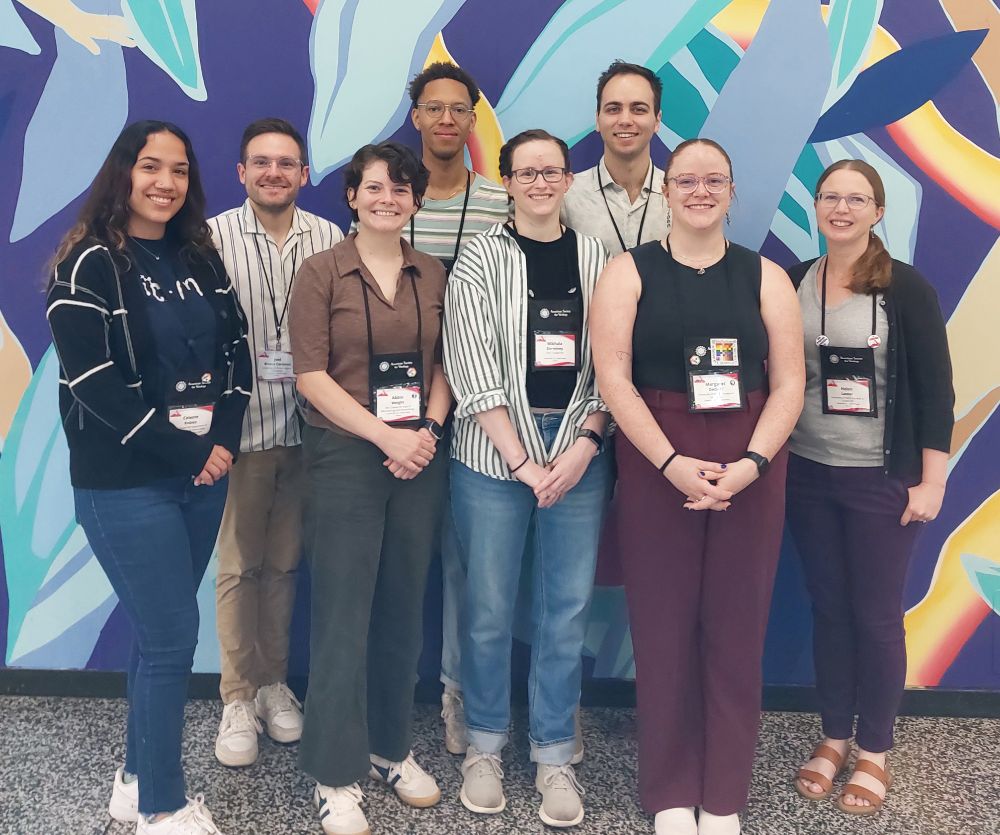 Group photo of the Lazear Lab at ASV 2025 in Montreal. We are wearing our name badges and everyone is smiling because our presentations are done and went great!