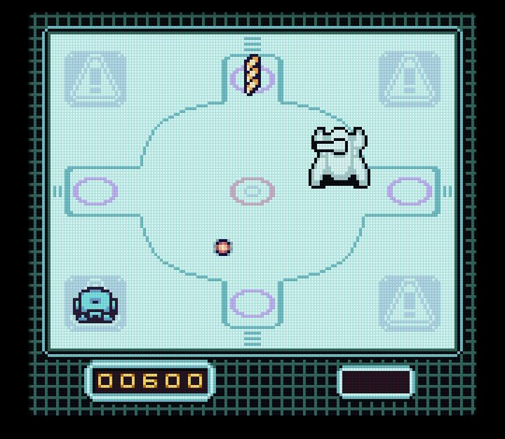 An 8 bit rendition of an arena that looks a little bit like a hockey rink. There is a tank and a score and the colors are in the blue color family.