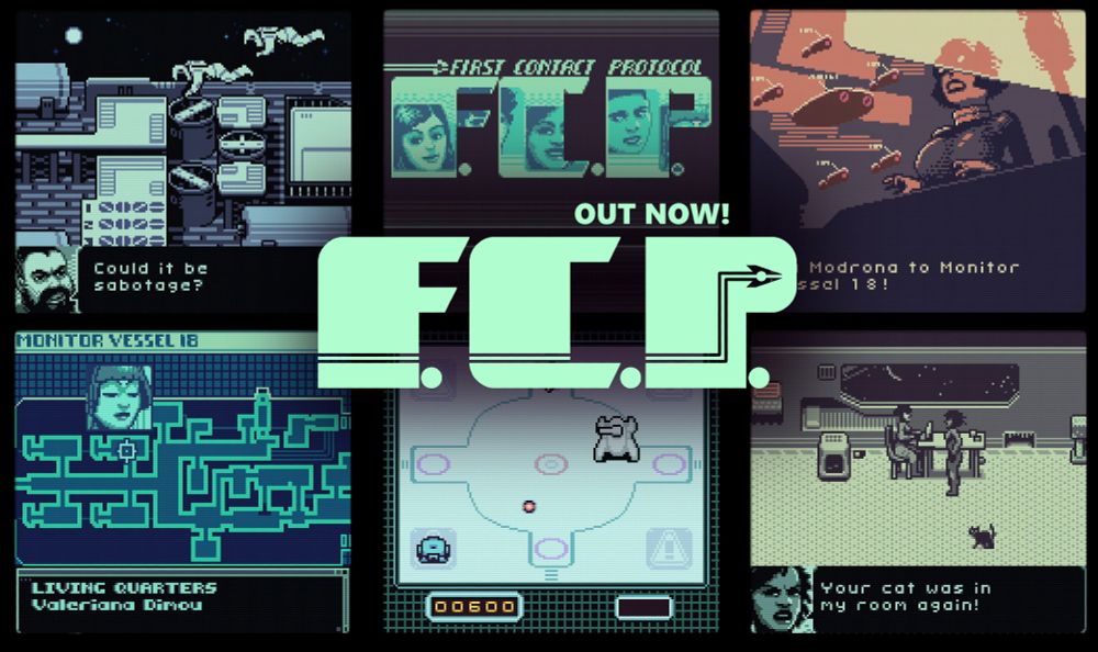 A game logo that says FCP which stands for First Contact protocol. There are six screenshots of a gameboy game behind the logo. They all portray various sci-fi scenarios between crew members on a spaceship. One is a map of the ship.