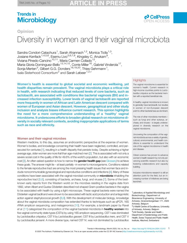 First page of the Opinion article "Diversity in women and their vaginal microbiota" published in Trends in MIcrobiology