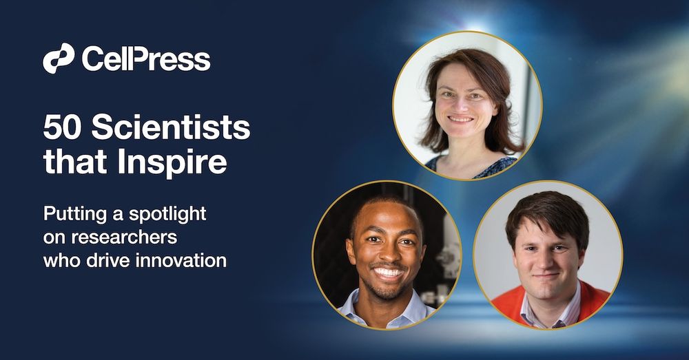 Cell Press banner that reads "50 Scientists that Inspire: Putting a spotlight on researchers who drive innovation" The headshots of Drs. Guillaume de Bo, Christopher O. Barnes, & Sarah-Maria Fendt are illuminated under a spotlight.