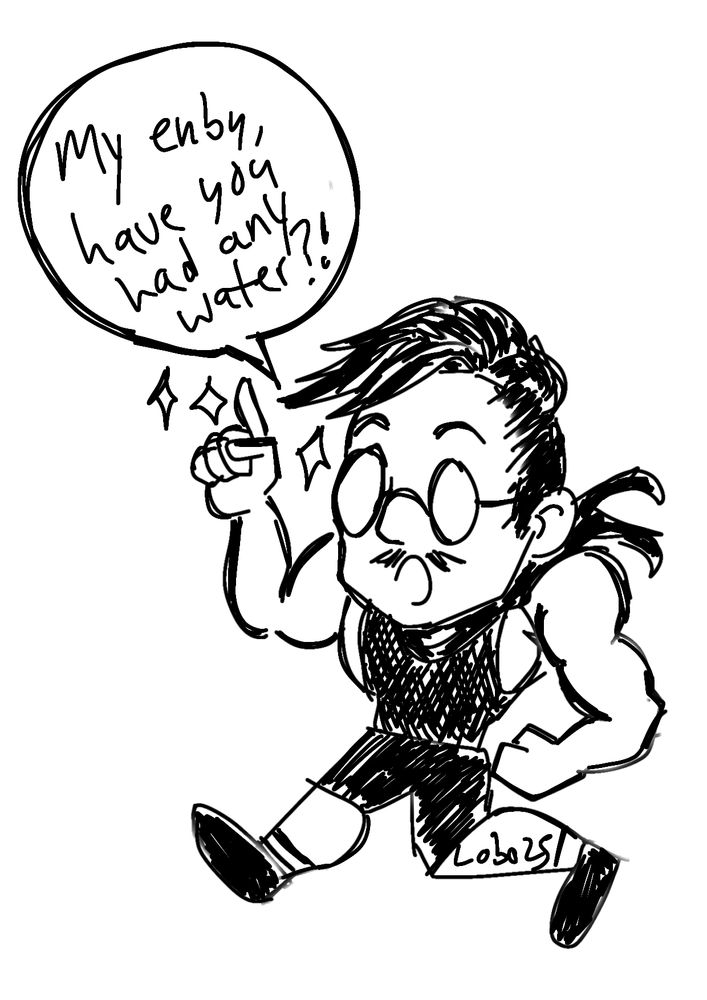 im an artist(tm) which means i can draw my partner as a chibi whenever i want. a chibi of my muscular partner running with a reminder for me:
"my enby, have you had any water?!"

my sprocket ran out of photo paper so I'll have to draw this manually on a post it note.