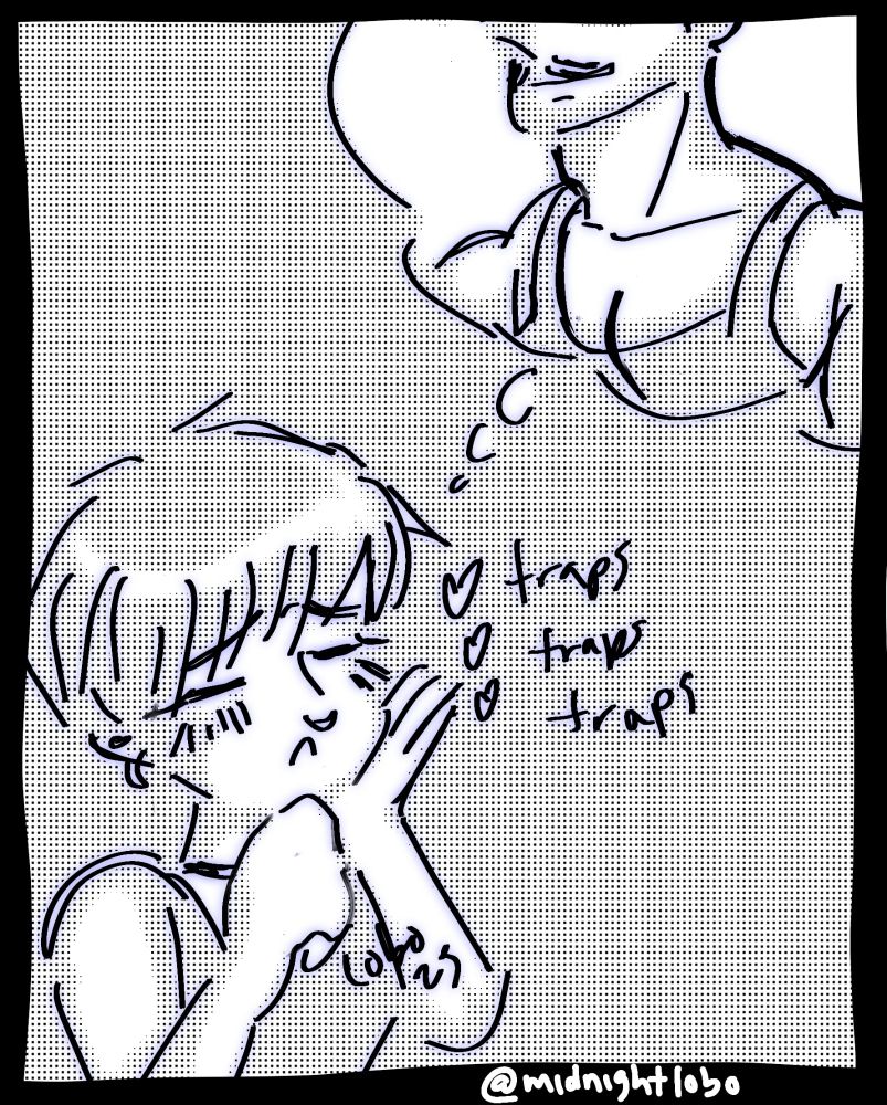 comic panel drawn by me.
a small enby daydreaming about their partner's traps.