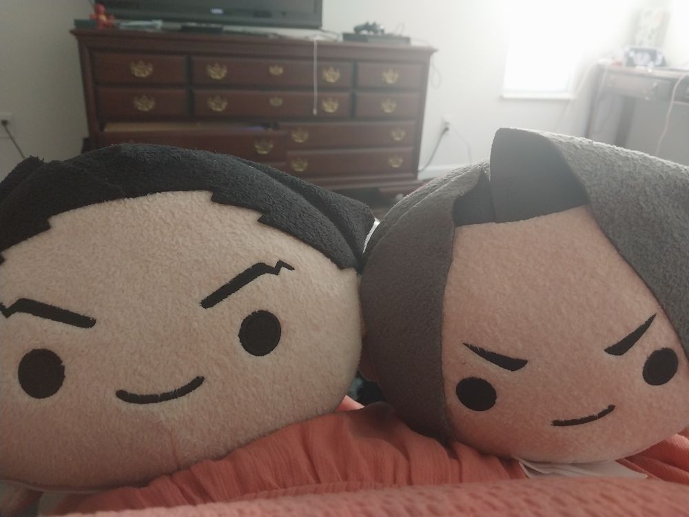 Photo showing the point of view of OP where the Miles and Phoenix tsum tsums are looking up toward the camera, side by side.