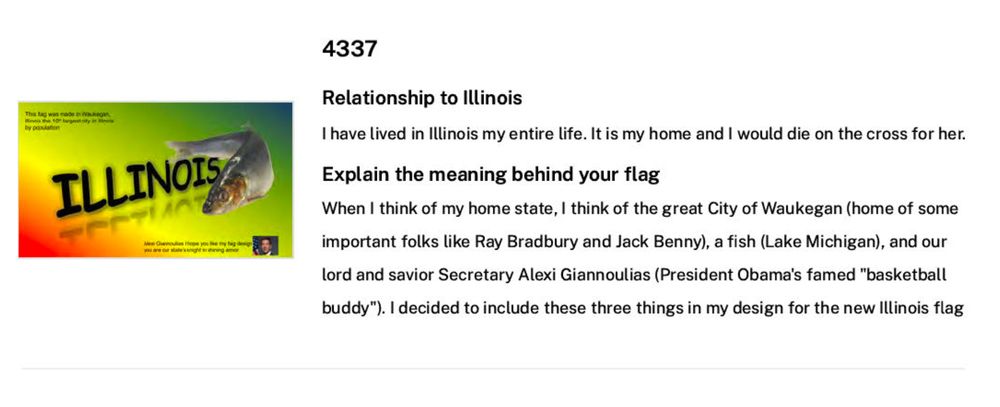 An entry for the Illinois state flag competition. The flag depicts a fish and the word 'Illinois' in comic sans with a rainbow gradient background.