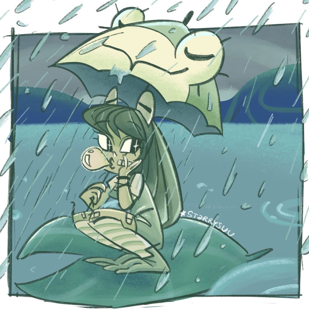 Illustration of an frog girl sitting on a Lilly pad while it rains, holding a froggy umbrella 