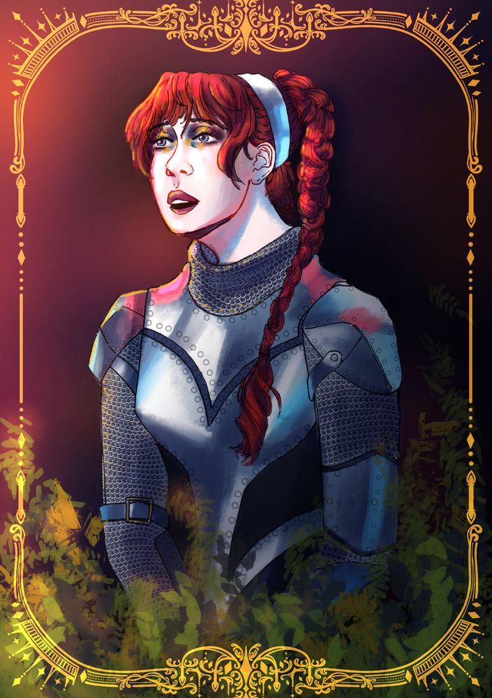 a digital drawing of Chappell Roan from her performance at the 2024 VMAs, wearing her knight outfit. she is kneeling with her arms in front of her, but her hands and legs are covered by plants an ferns in varying shades of warm green. The background is blurred, shifting subtly from shades of warm red to deep purple. There is a subtle glow of light coming from the top left corner. An ornate and intricate golden border frames the entire piece.