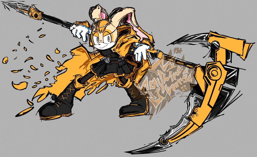 Crossover drawing of a teen Cream from Sonic The Hedgehog as Ruby Rose from RWBY. Cream holds her own Cresent Rose and her gear is matched with her main color of orange. Her cape leaves a trail of petals behind her as she poses.