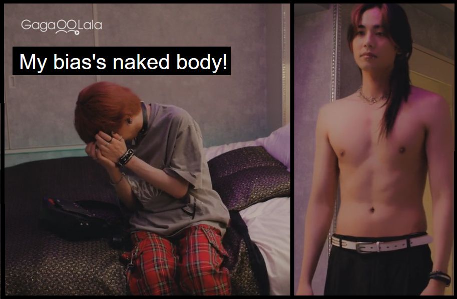 Chiaki is hiding is face and saying "My bias's naked body!". AE took his shirt off and is looking at him.