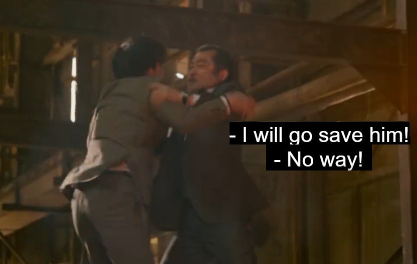 Maki and Kurosawa are fighting over who will save Haruta. One saying "I will go save him!" and the other saying "No way!"