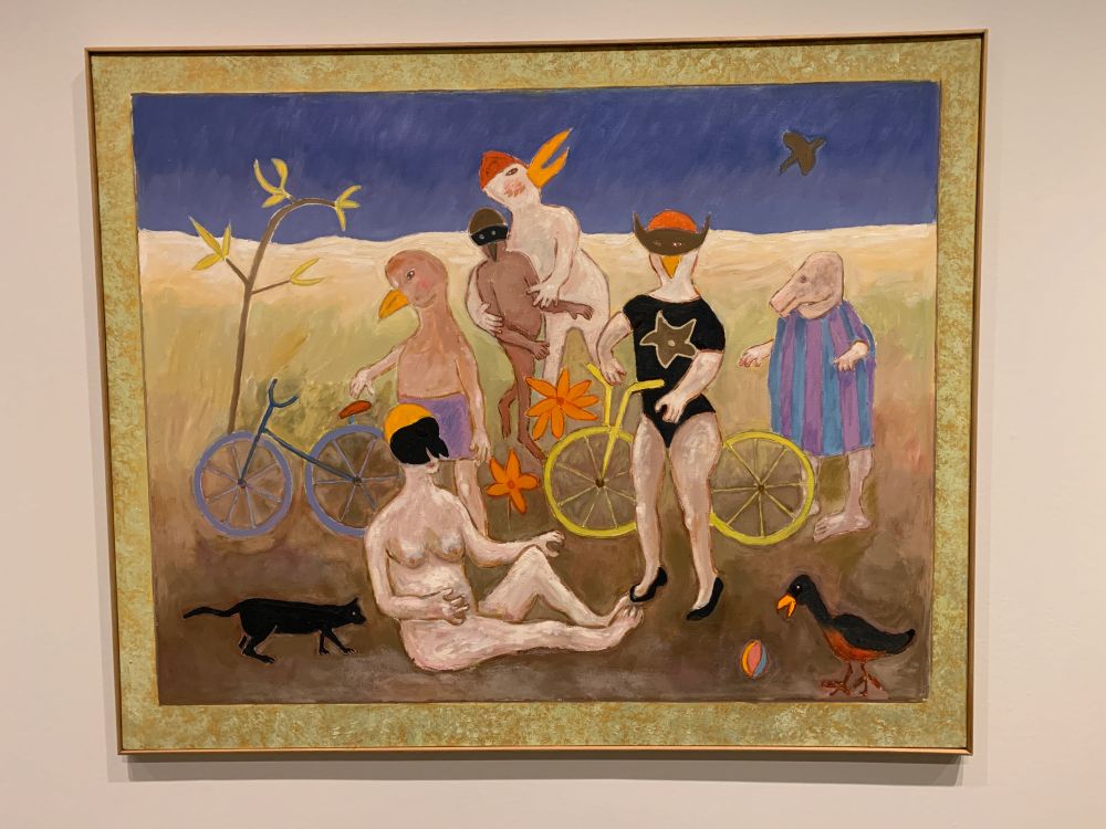 Erica Rutherford painting of weird anthro people seminude with bicycles in a field