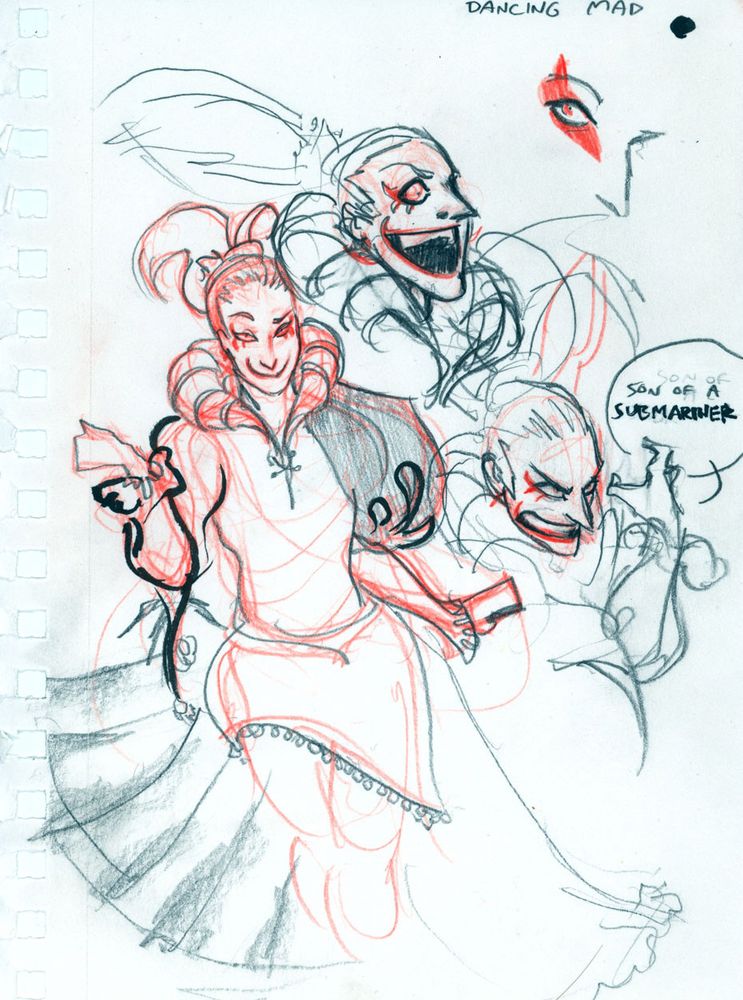 unfinished sketches of Kefka from FFVI in pencil, col-erase and brush pen