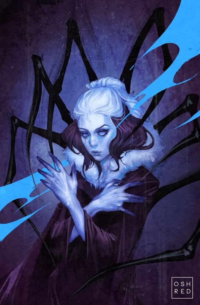 Digital artwork of a woman in a black cape with spider legs around her