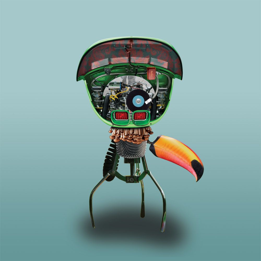 A legged collage creature resembling a crab depicting our transformation into inanimate entities