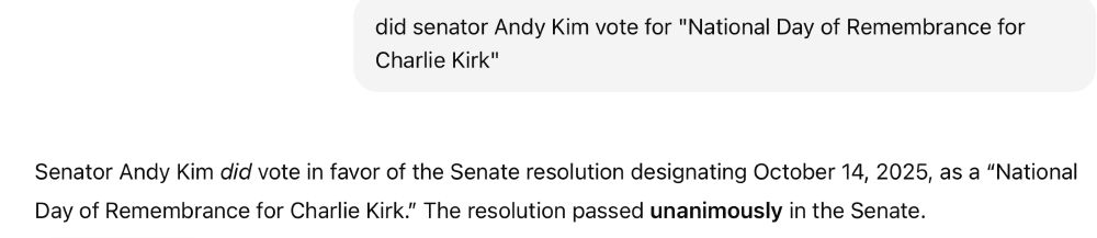 chatgpt output showing that senator Andy Kim did indeed vote to honor Charlie Kirk