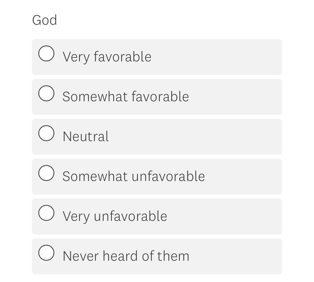 Do you have a very favorable, somewhat favorable, neutral, somewhat unfavorable, or very unfavorable opinion of God, or have you never heard of them?