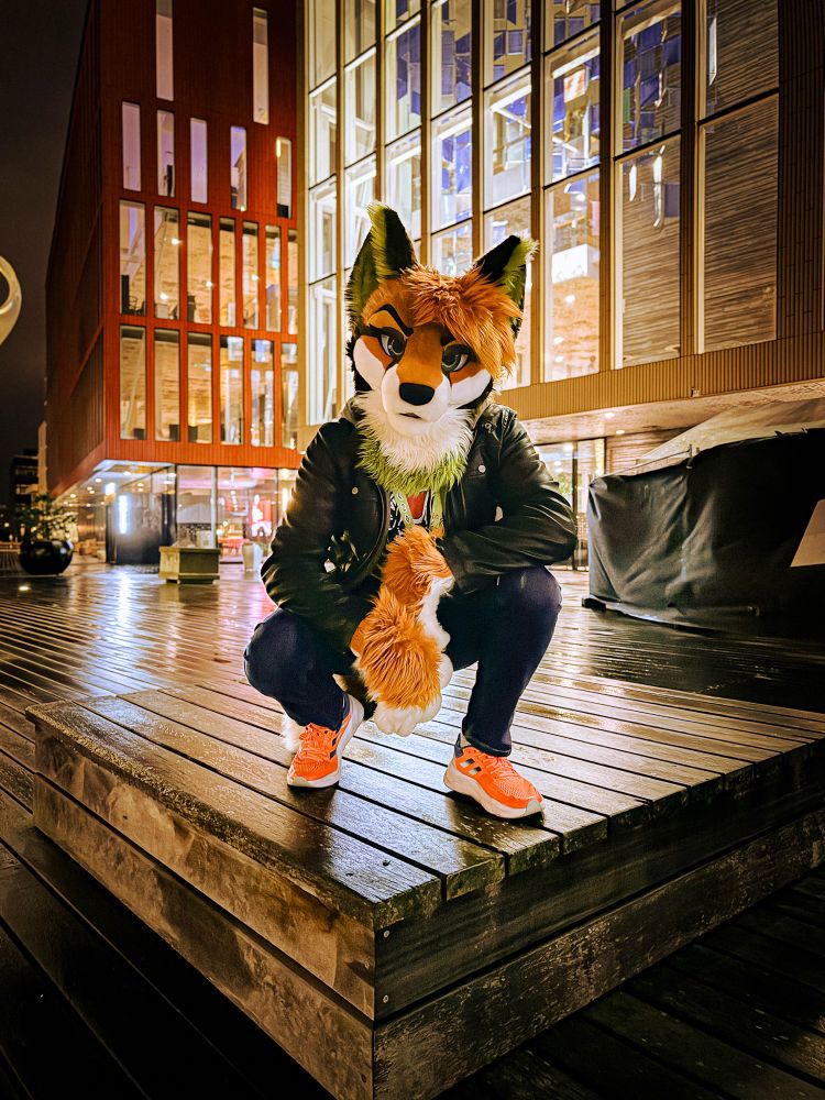A fox at night out in the city under the lights (Malmö Sweden, NFC 2024). 