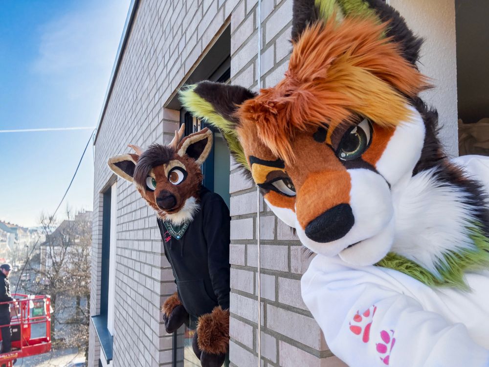 A fox and a deer fursuiter chilling in an apartment. The maintenance man on a cherry picker is curious what they’re up to. 