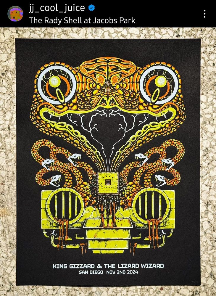 A photo from Jason Galea (jj_cool_juice) on Instagram. Its a black poster with orange snakes rising from the head of Han-Tyumi. Han is leaking fluids, and looks as if he's made of bricks. It's stylistically very simialr to Murder of the Universe's album art.