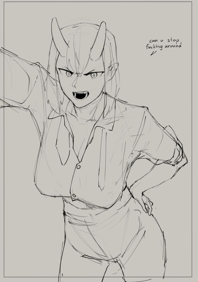 wip sketch of my oc pinning you to the wall and saying "can u stop fucking around"