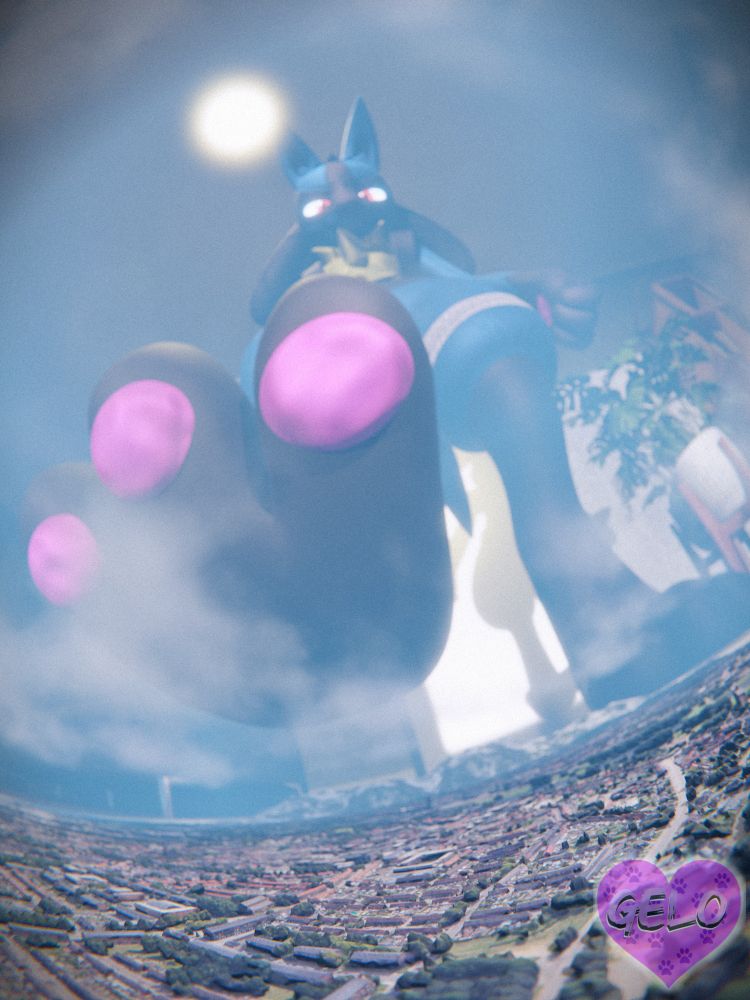 Render showing the POV shot of the city of the Lucario (Cobalt) about to step on the city.
Render by @GrapeDoggo
Render for @CobaltTheJackal