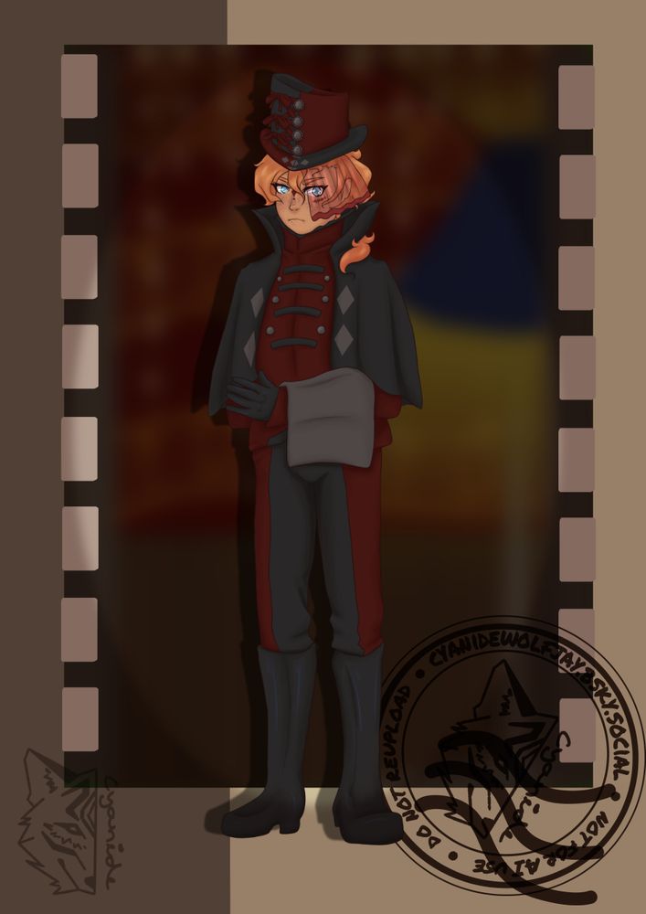 Digital drawing of Chuuya Nakahara from Bungo Stray Dogs dressed as the butler figure from Lucky Emma Frostveil Villa. He's wearing a red jacket, with a matching red and black top hat and Jodhpurs. His arm is crossed in front of him with a grey towel over it. He is also wearing a black cape with grey diamond motifs on the front. The background is in the style of old film, and has a postage style stamp on it. The background is two shades of brown, a lighter tan and a darker grey.