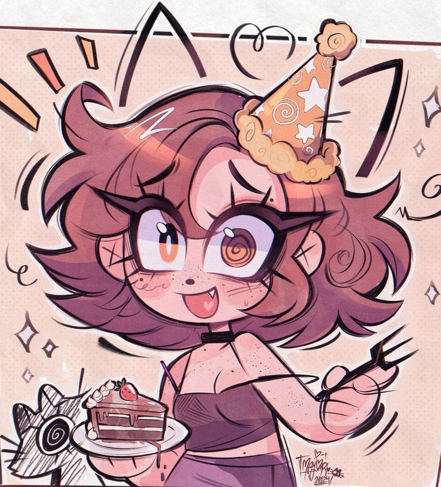 Colored sketch of a girl holding a piece of cake and fork celebrating birthday