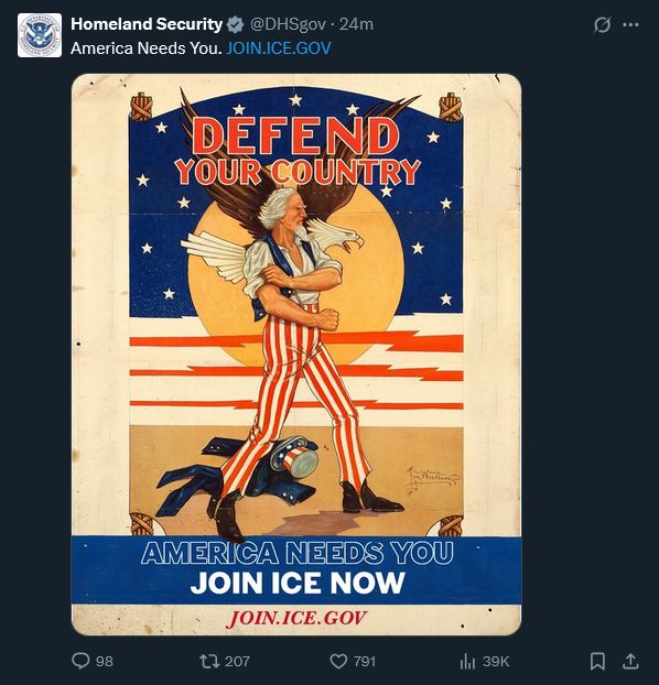 Tweet from DHS. Image: Uncle Sam rolling up his sleeves, in fighting posture, staring off toward an unseen enemy. Bald eagle in background. Stylized red/white/blue background. Text: "DEFEND YOUR COUNTRY. AMERICA NEEDS YOU. JOIN ICE NOW"