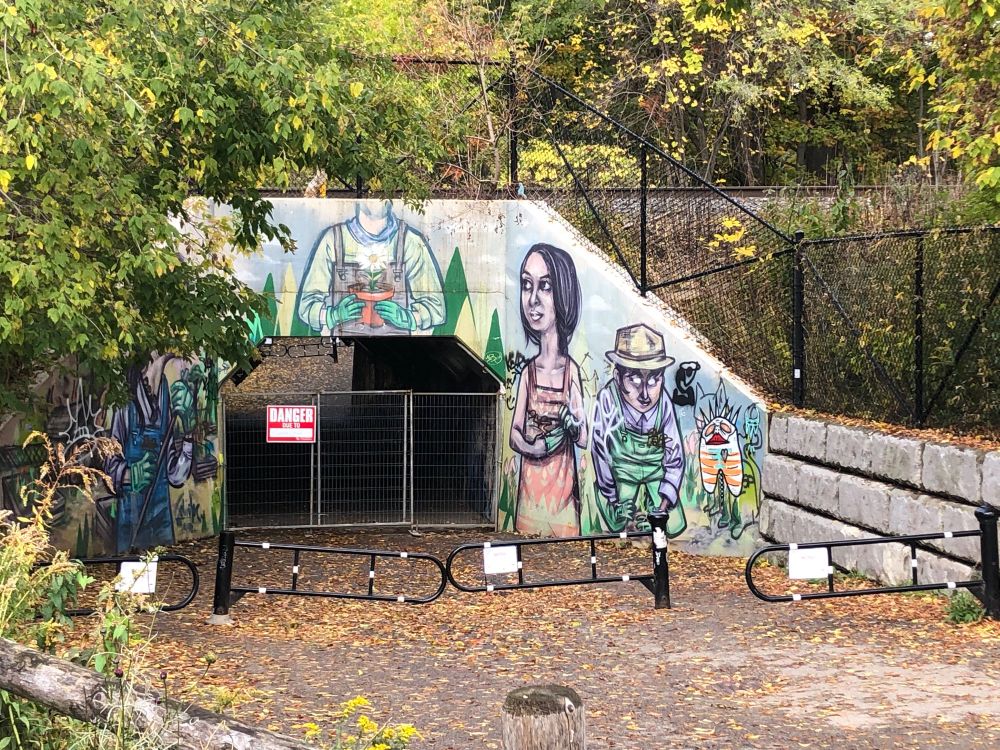 A railway underpass brightly painted with street art is barricaded. It is an underpass between Monarch Park in Toronto and Woodfield Road. A major cycling path. Sign says it will be closed at least one week.