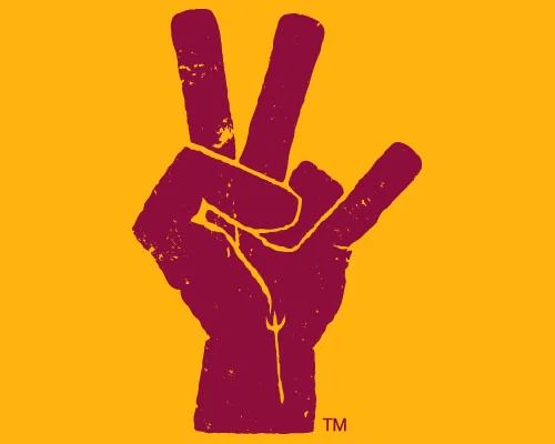 A drawing of a hand making the ASU “forks up” gesture. 