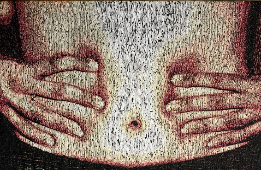 large handwoven image of a female torso whose hands are either gripping, holding or akimbo. 