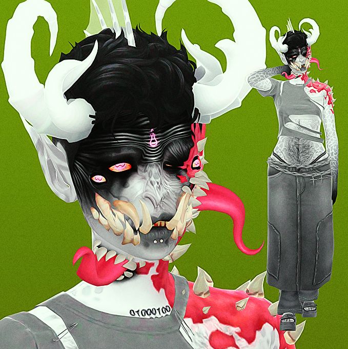 Screenshot of a Sim. I don't even know how to begin describe how they look, but I'll try. 

They're a slim vaguely feminine bodied person with pale white skin covered in grey spots and black body hair. Their black hair is cut short, buzzed at the sides and what's on top is messy. They have a flat, serpentine nose, four eyes, sharp teeth, tusks and too many sharp teeth also going along their cheeks. There's various spikes running from their left side of their face down their shoulder, and they have two smaller mouths (one on their left cheek and one on the right side of their throat) with long pink tongues poking out. They have two pairs of horns, one set curling upwards and a smaller set pointing forward. Their eyes have yellow sclera and their Iris' are pink with wavy pupils. Their left eye is closed and covered in scars reminiscent of a burn mark. They have long, elf like ears that split at the tips into two little glowing sections.

The outfit they're wearing includes a torn up t shirt, a long denim skirt, and sandals. All of it is grey.