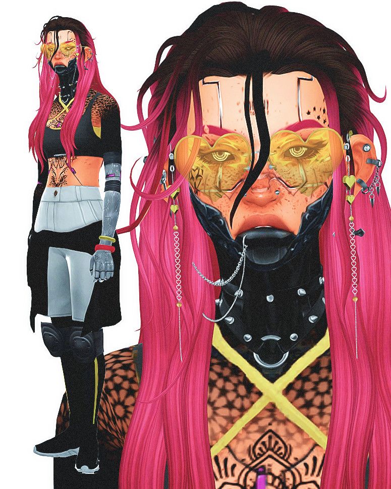 image of a female bodied sim with both a full body and closer portrait combined. in the full body she's slouching slightly. she wears a black cami crop top with a green one underneath, white knee lenghs shorts with a black top tied around the waist, black socks with green accents, and black shoes. her hair is long and starts off brown and going into a neon pink. it's messy and her bangs are pushed back and out of her face. her eyes are solid black with the iris looking like three glowing white rings. her ears have various piercings in them with one attached by a chain to her lower lip. her jaw and throat are replaced by cybernetics. her face also shows signs of modifications, and her left arm is replaced too. heavy freckles on her face and heavy blackwork tattoos cover the upper part of her body. she also wears big neon green heart shaped glasses and a black choker around her neck.