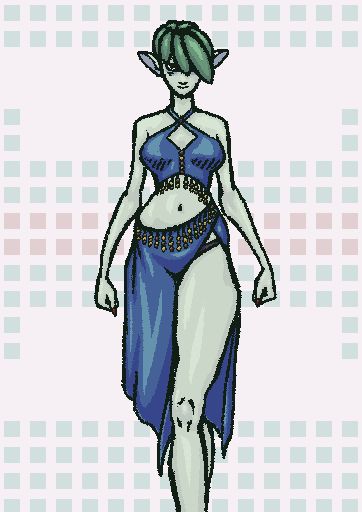 An elf woman with green skin and darker green hair wearing a blue skirt with beaded trim that has a slit along the left side and matching halterneck vest thing.

Her hair is one of those lopsided asymmetric bob-type things. I don't know what it's actually called.

She has longish fingernails with red nailpolish.