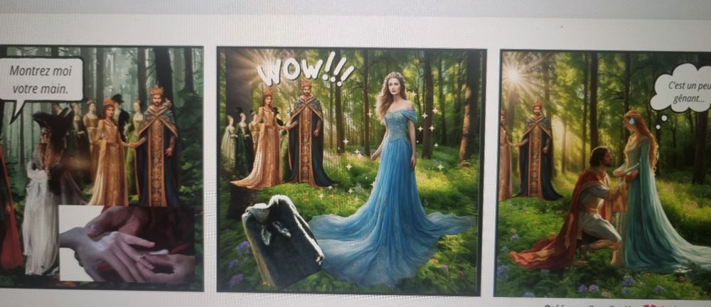 BD sur peau d'âne 
Bulle 1 montrez moi votre main
Case 2 ma princesse se dévoile 
Case 3 le prince lui sert les jambes et elle trouve ça gênant 